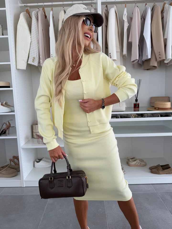 Kara | Rib Knit Midi Dress & Bomber Jacket Set