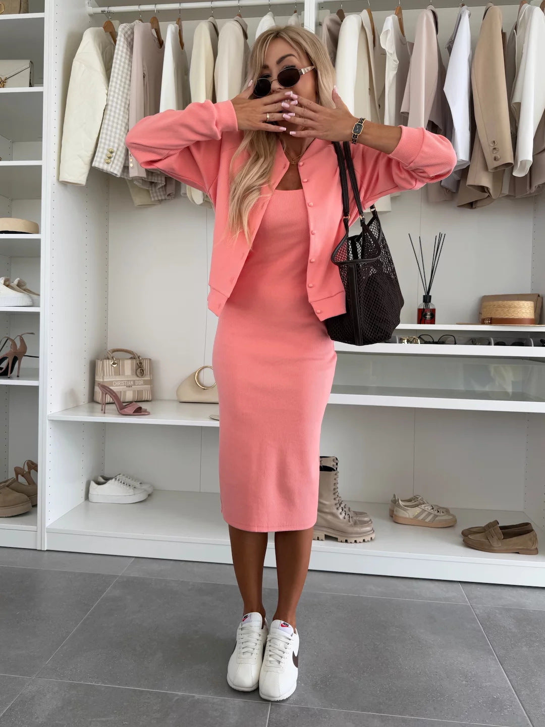 Kara | Rib Knit Midi Dress & Bomber Jacket Set